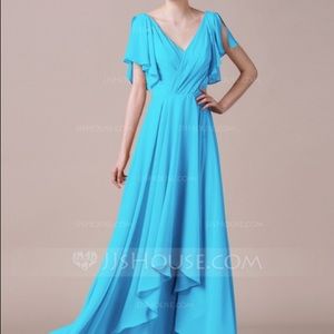 V-neck Chiffon Blue Gown With ruffles & sleeves